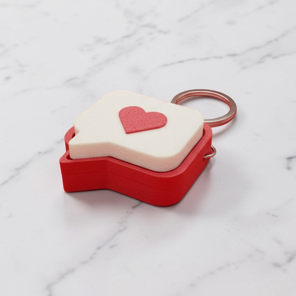 Red and white keychain with a heart on a wooden surface